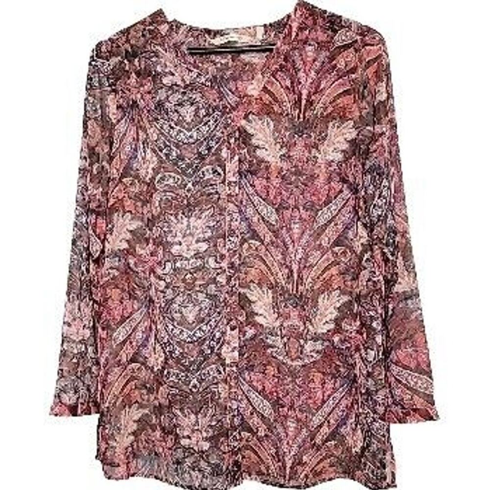 Soft Surroundings Tasha Top Button Front Sheer Shirt‎ Blouse Shimmer Size Medium